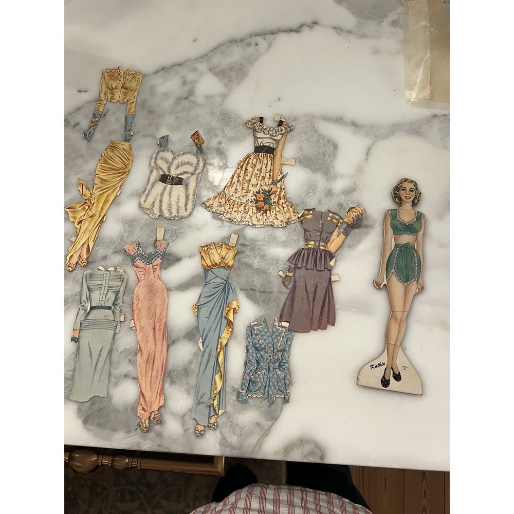 Vintage 1950's Kathie Cardboard Paper Doll With Clothes Wardrobe And Stand